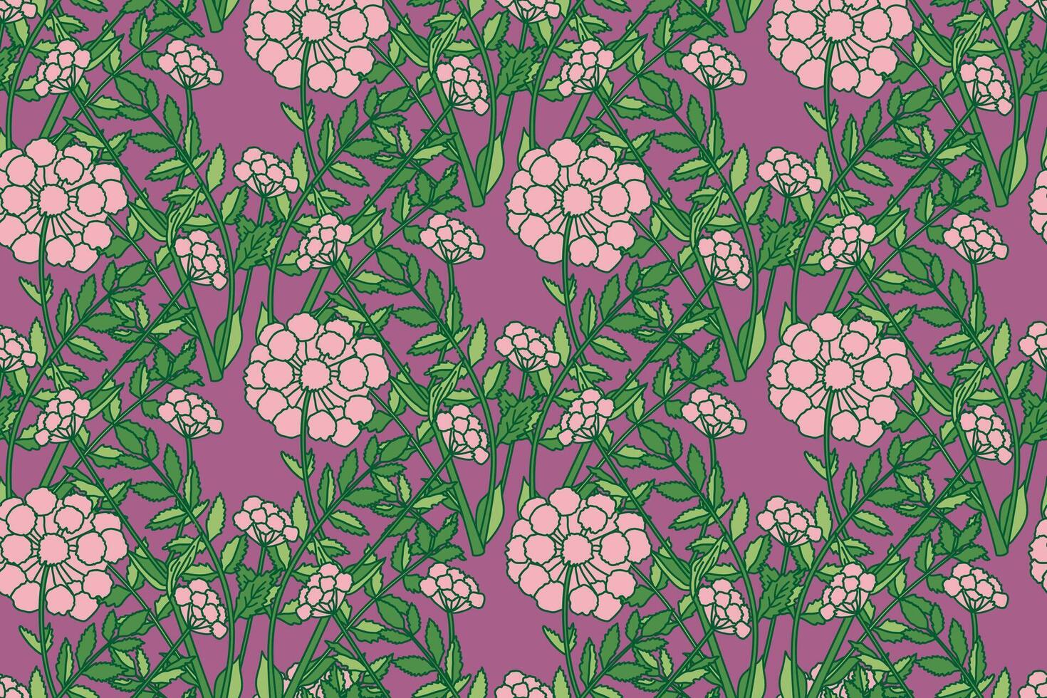 Botanical abstract seamless pattern whit plant and flowers illustration. Repeating floral print in retro green purple pastel colors. Graphic design for Wallpaper Wedding Cover Wrapping Textile vector