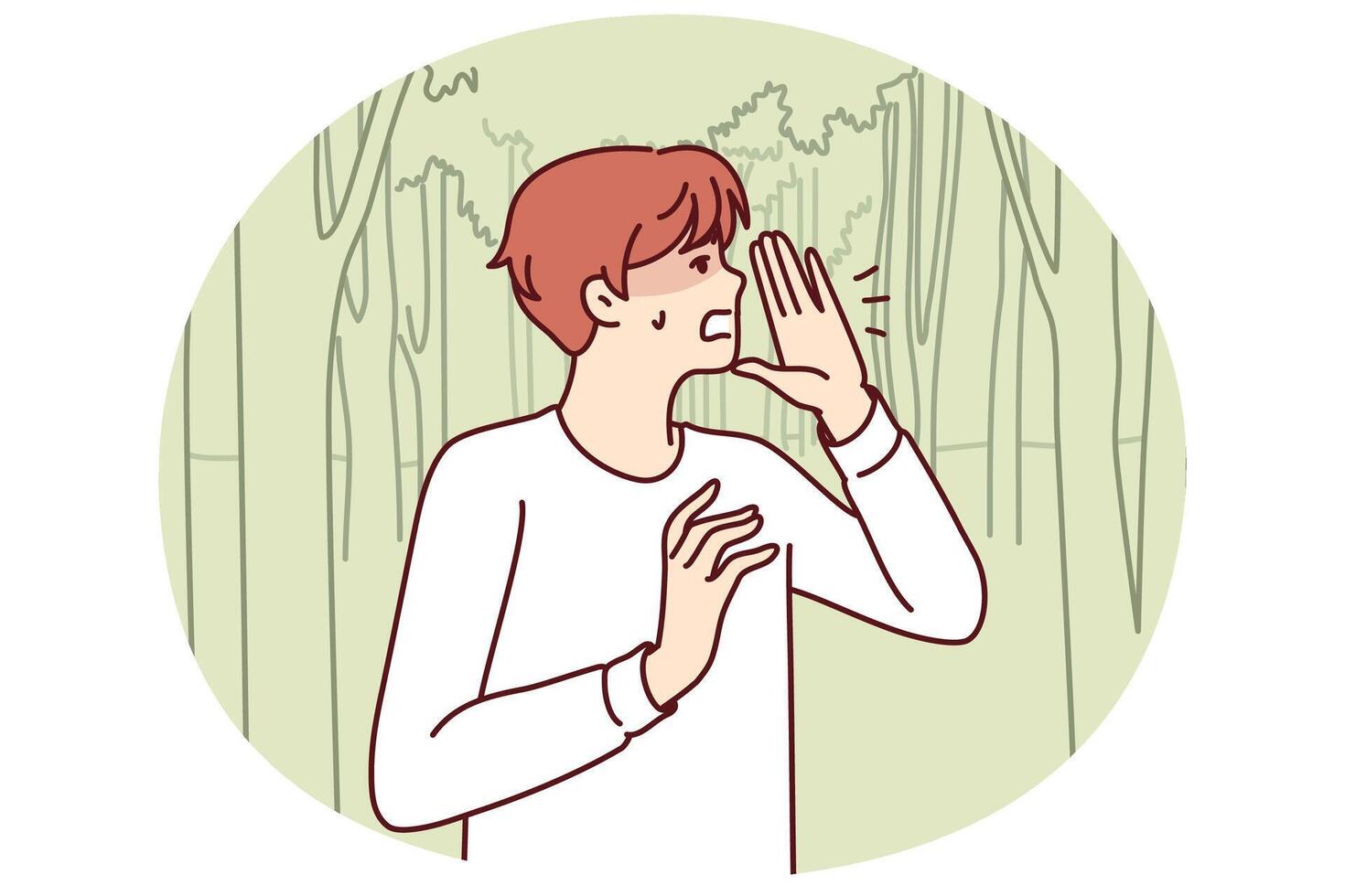 Man lost in forest screams trying to call for help and find way home among densely growing trees vector