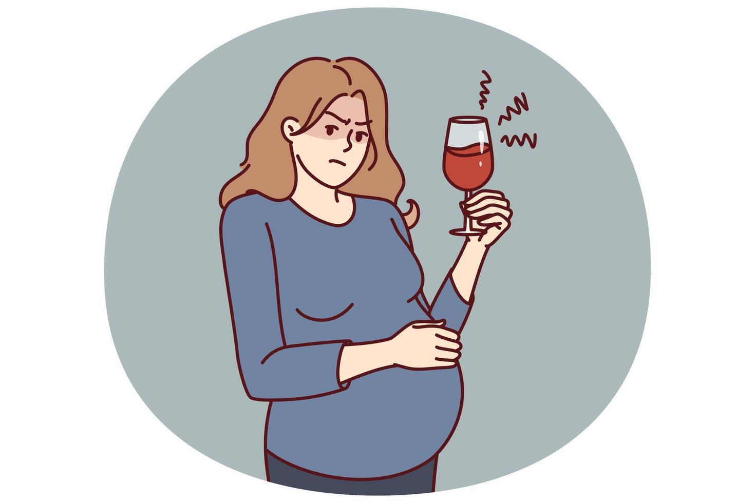 Pregnant woman with glass of wine drinks alcohol unknowingly causing harm to unborn child vector