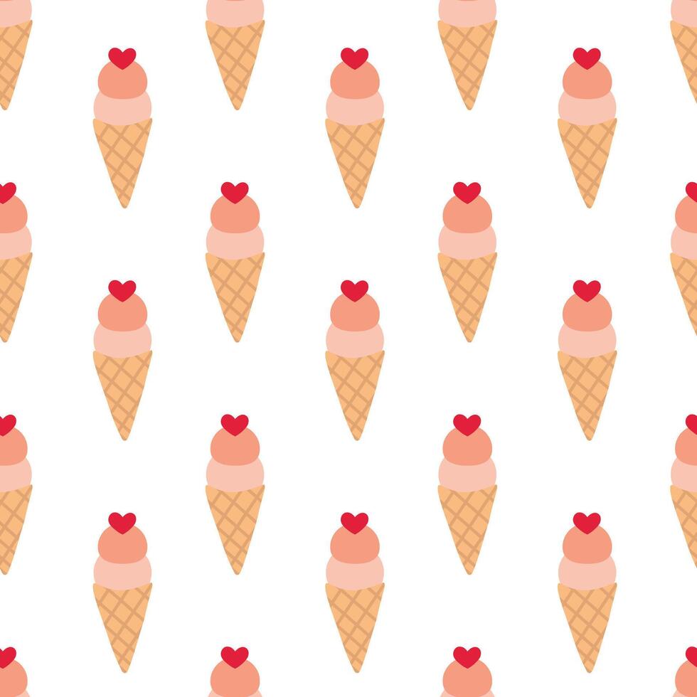 Seamless Pattern. Ice cream in waffle cone with heart. Valentine day sweet food vector