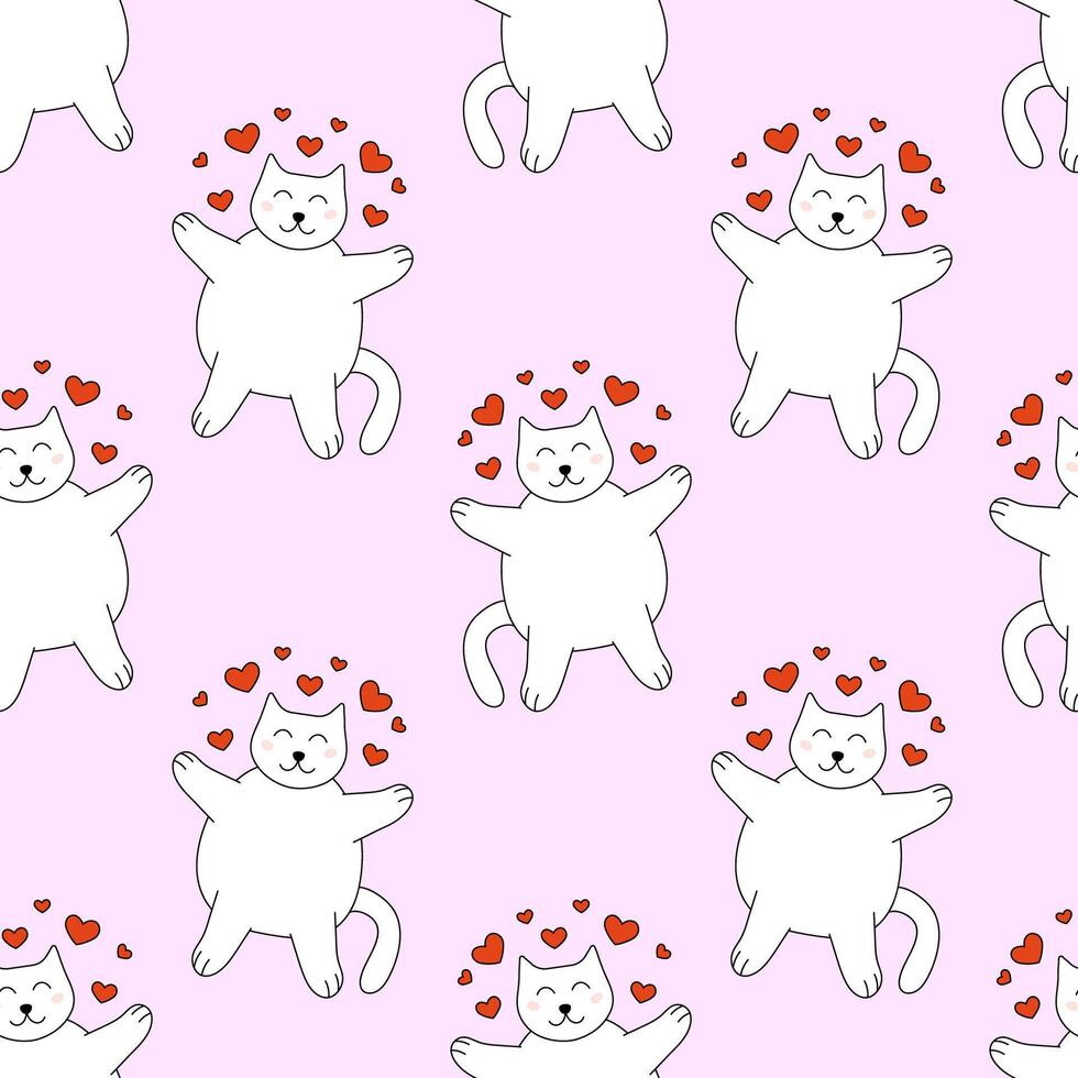 Seamless Pattern with Valentine day Cat character and hearts. flat illustration. vector