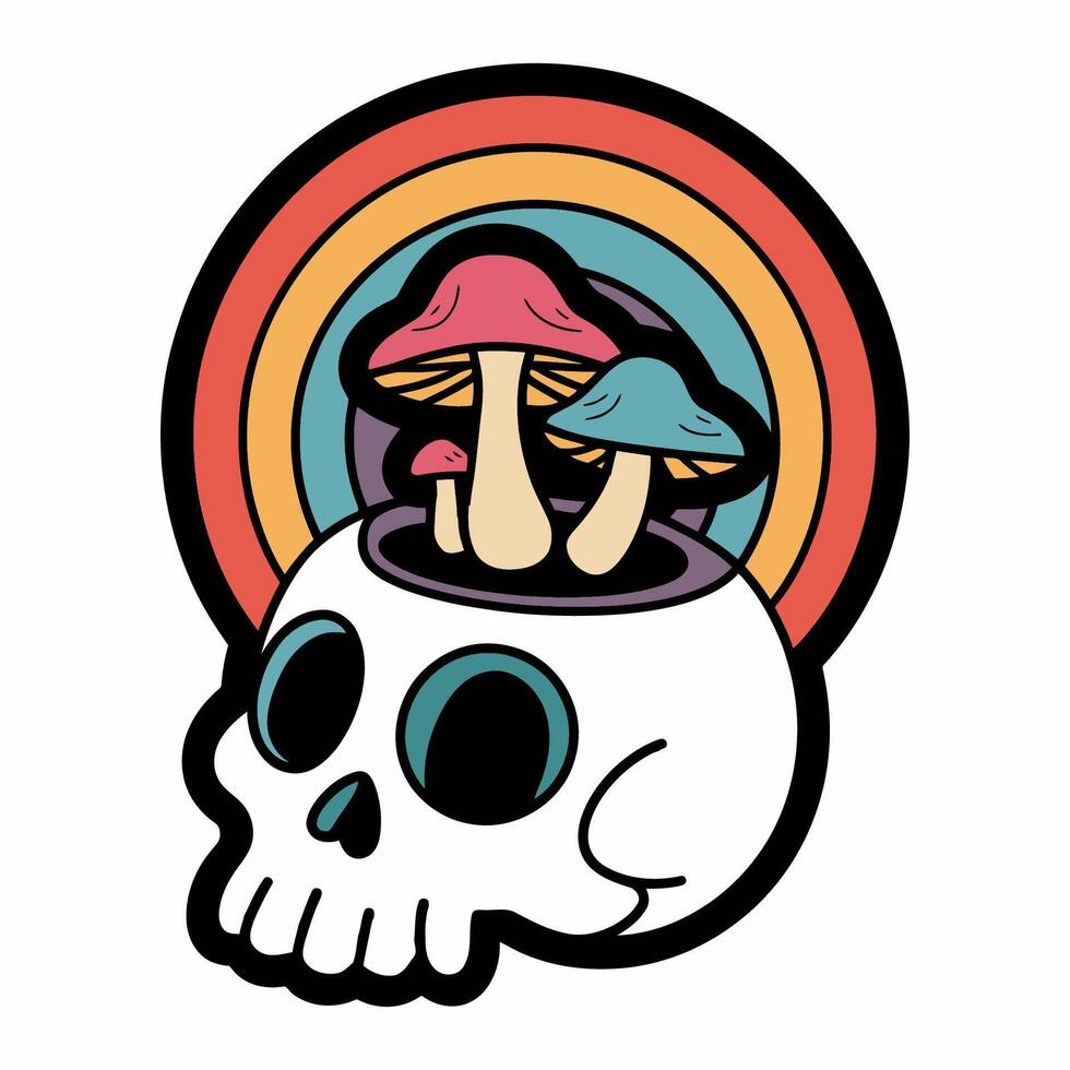Psychedelic Skull with Mushrooms and Rainbow Illustration vector