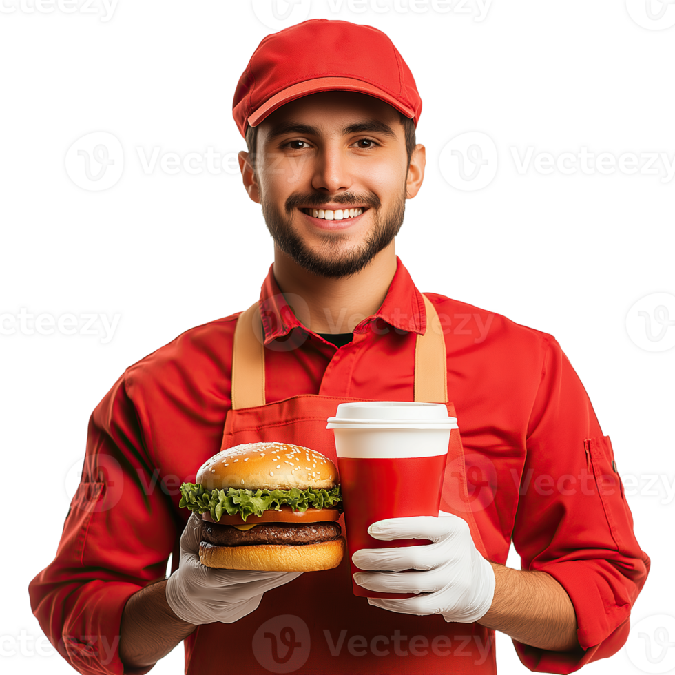 Fast Food Worker with hamburger and cup on Transparent background png