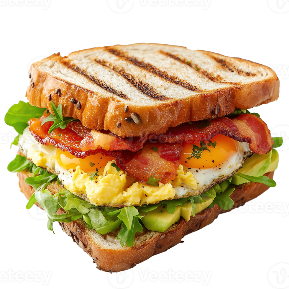 Delicious Breakfast Treat Sandwich on Transparent Background, Scrambled Egg, Avocado, and Bacon Sandwich png