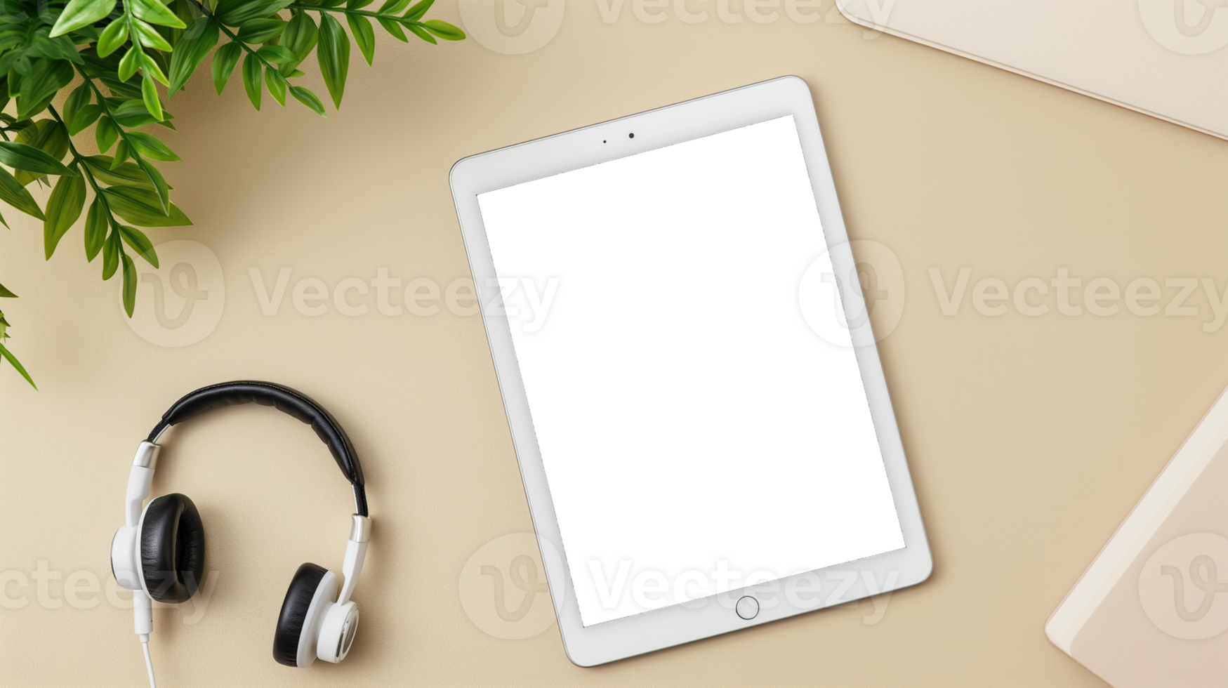 top view of a tablet with a transparent screen and head phone layout style png