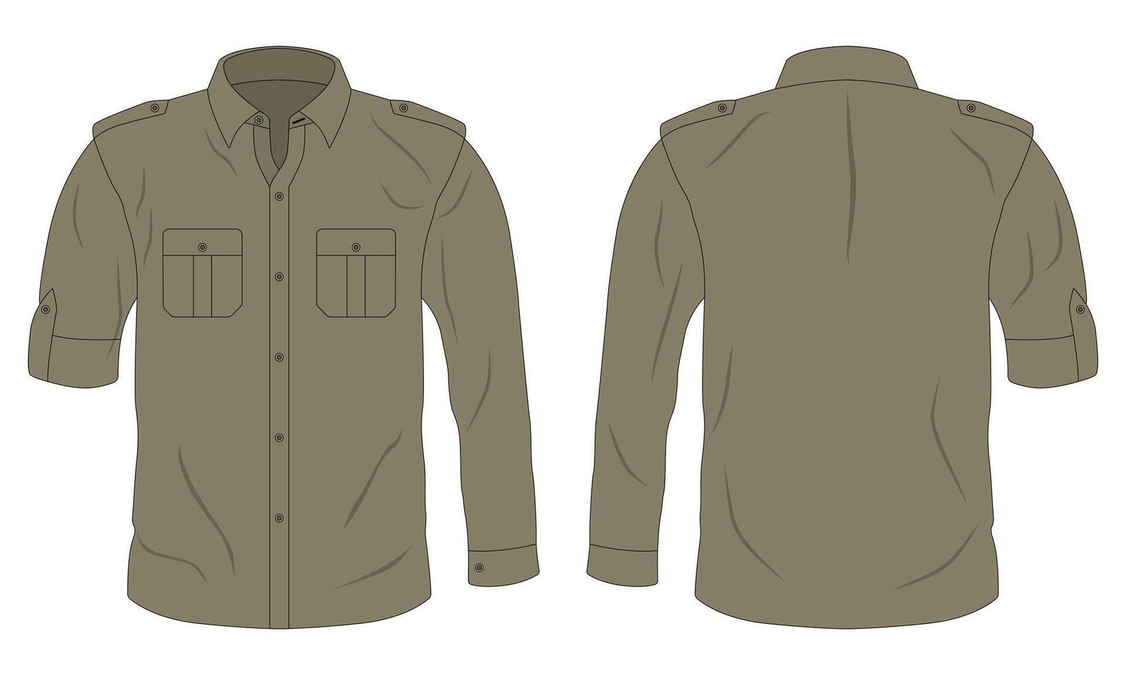 Military shirt mockup, button down formal shirt, long sleeve work shirt front and back view vector