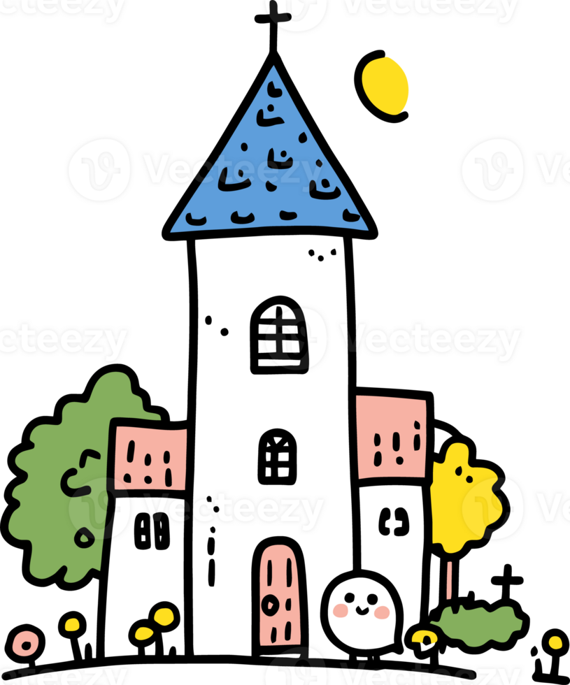 Whimsical Hand-drawn Tower House with Blue Roof and Cute Decorations in a Sunny Garden png