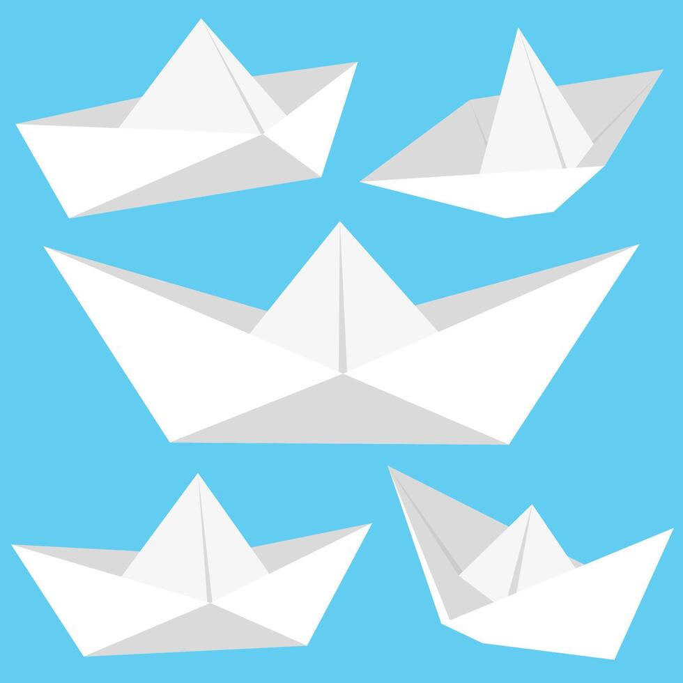 White origami paper boats collection. Folded paper boat set on blue background. vector