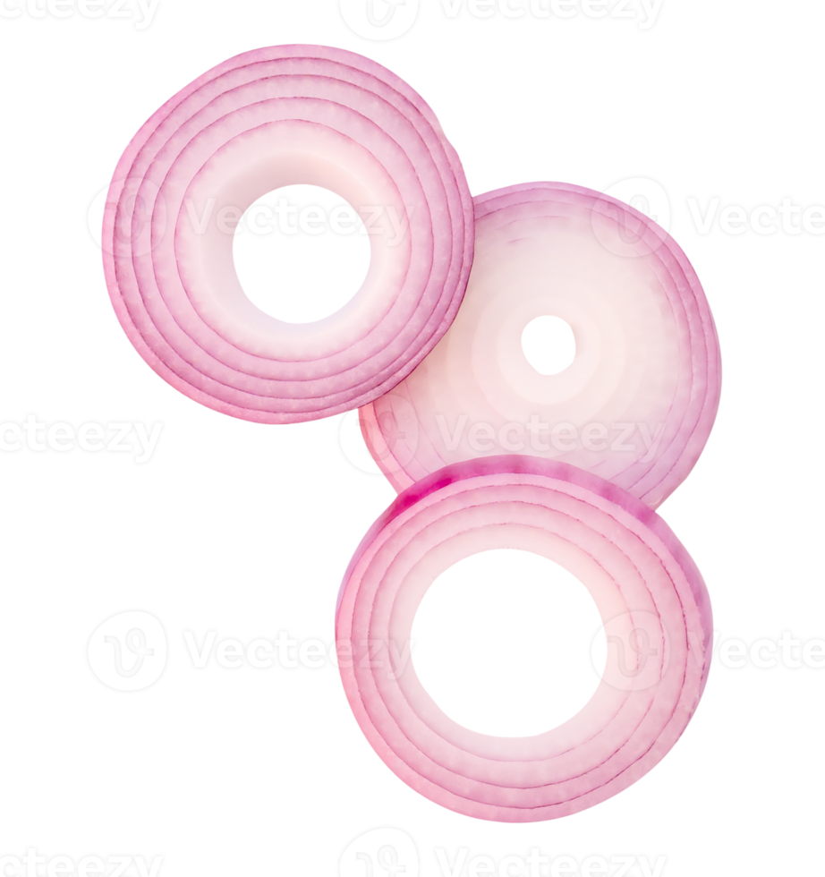 Three fresh red or purple onion rings or slices in stack isolated with clipping path in file format Top view png