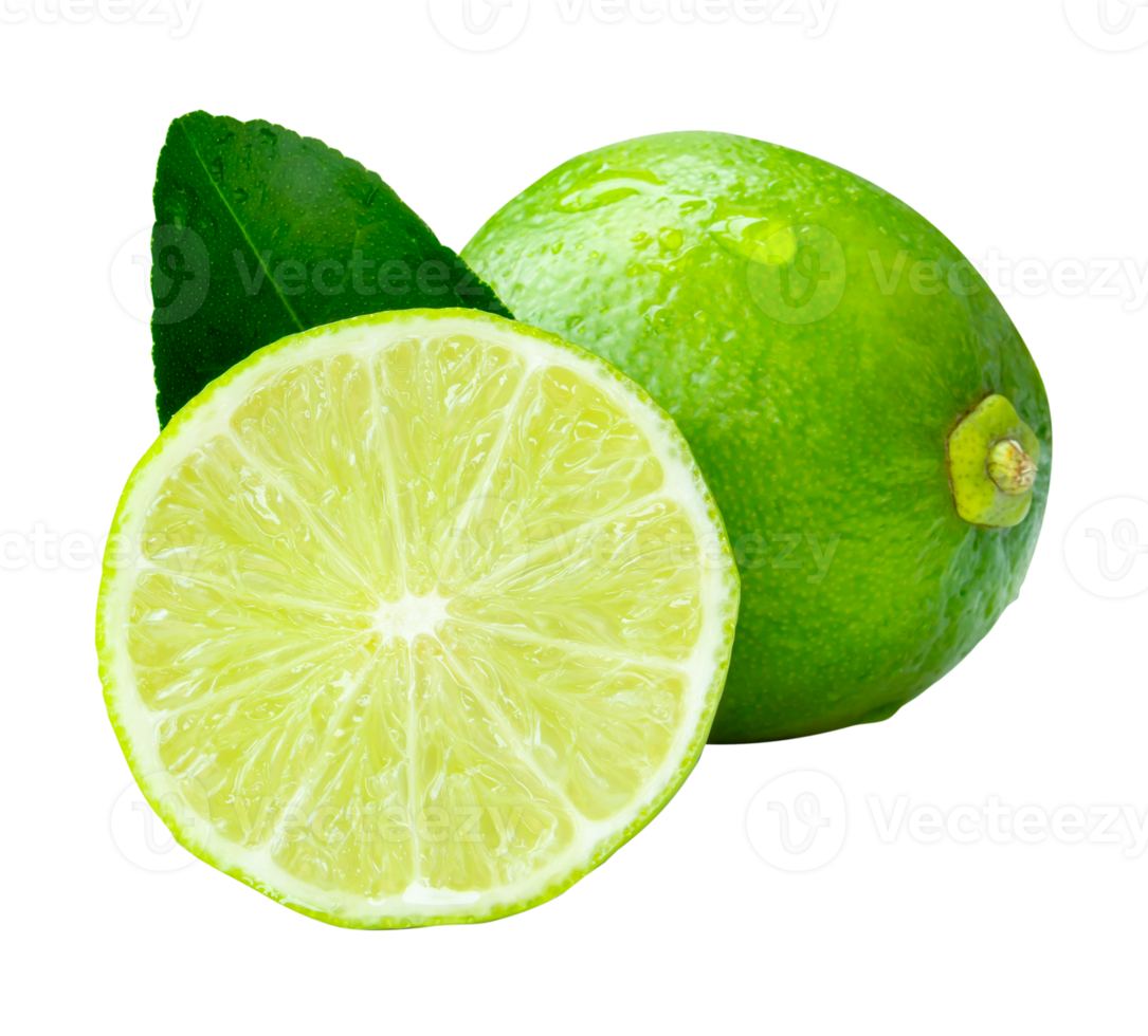 Single fresh green lemon fruit with half and green leaf in stack isolated on white background with clipping path in file format png