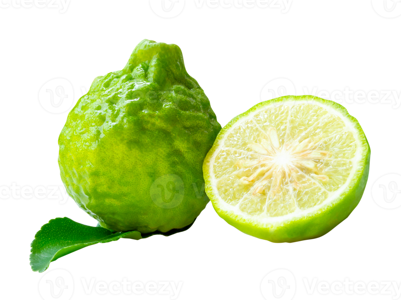 One fresh green bergamot fruit or kaffir lime with half and green leaf in stack isolated with clipping path in file format png