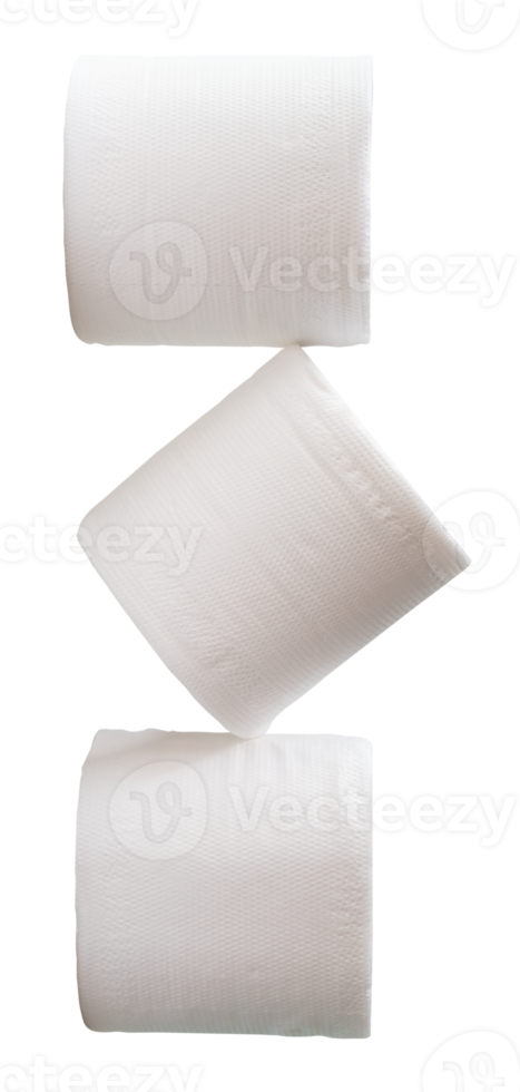 A pile of three white tissue paper or toilet paper rolls isolated with clipping path in file format png