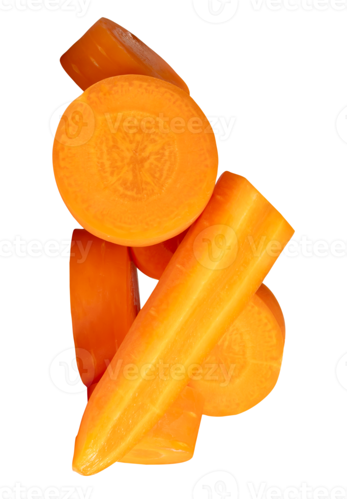 A heap of orange carrot slices or pieces in stick shape isolated with clipping path in file format png