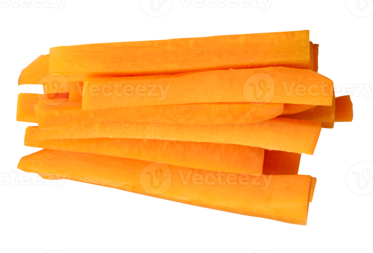 Orange carrot slices in stick shape in stack isolated with clipping path in file format Top view photo of carrot stick heap png