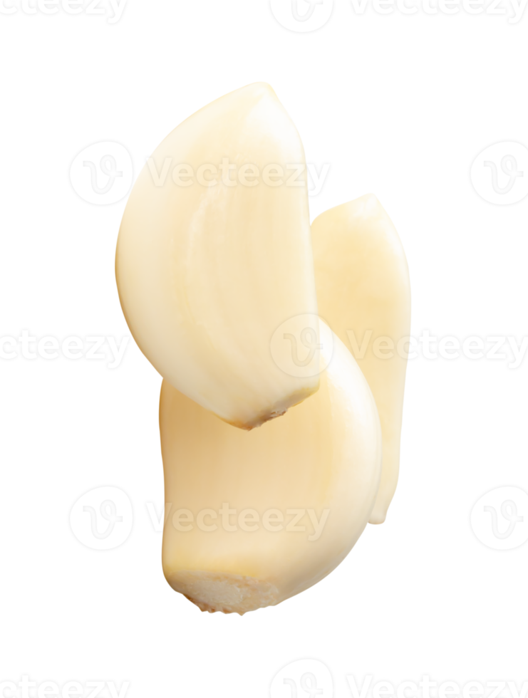 Three peeled white garlic cloves or pieces in heap isolated with clipping path in file format png