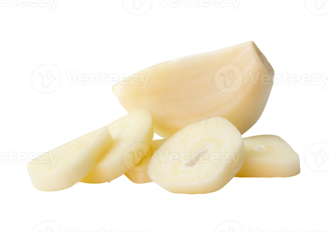 One white peeled garlic clove with slices in stack isolated with clipping path in file format png