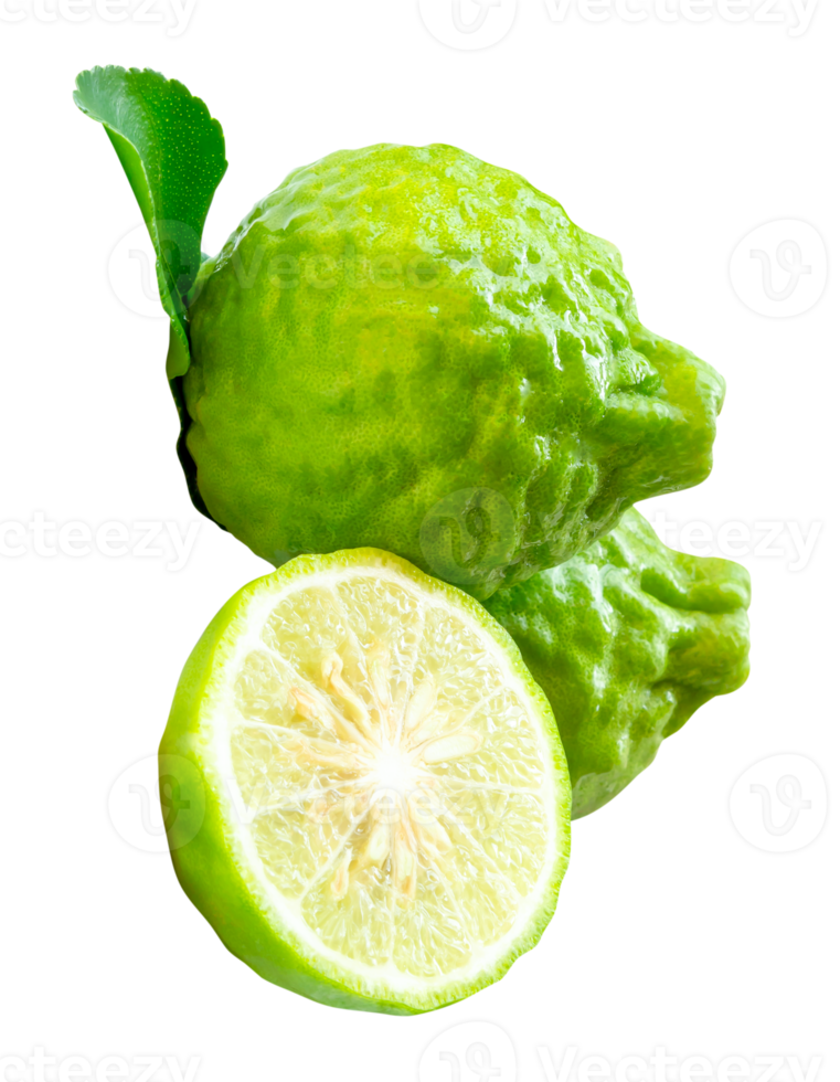 A pile of two fresh green bergamot fruits or kaffir lime with half and green leaf isolated with clipping path in file format png
