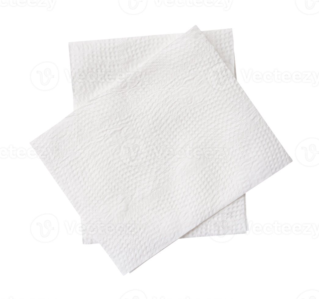 Top view of two pieces of folded white tissue paper or napkin paper in stack isolated with clipping path in file format png