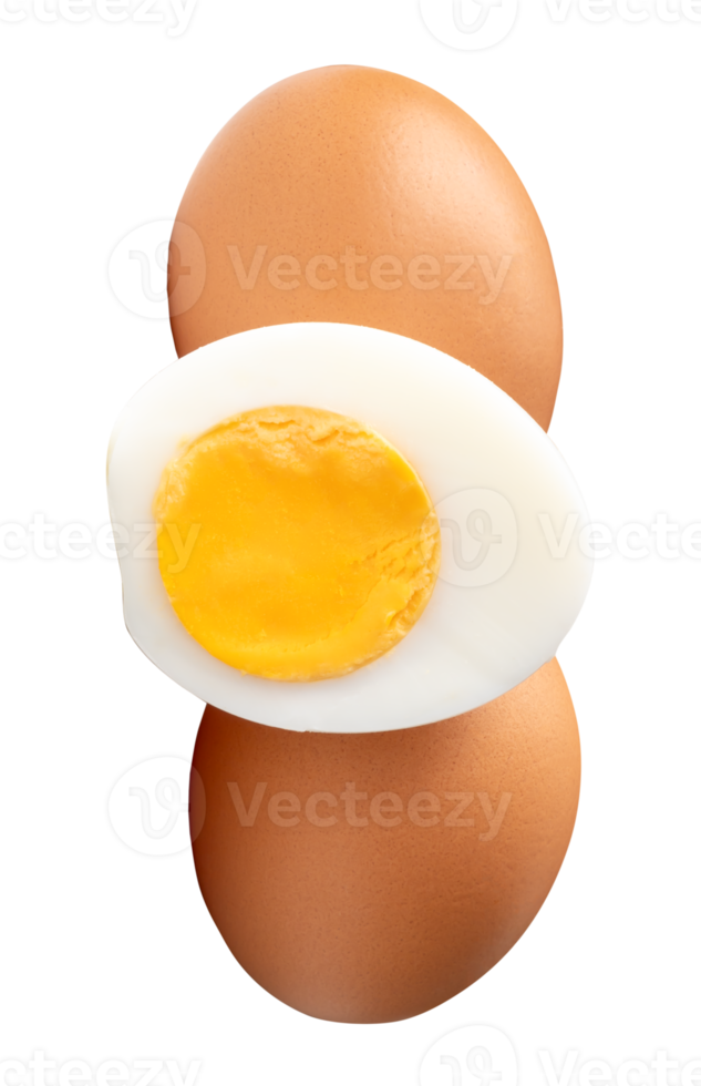 Two raw brown chicken eggs and cooked or boiled chicken egg with egg yolk in half in stack isolated with clipping path in file format Top view photo of eggs png