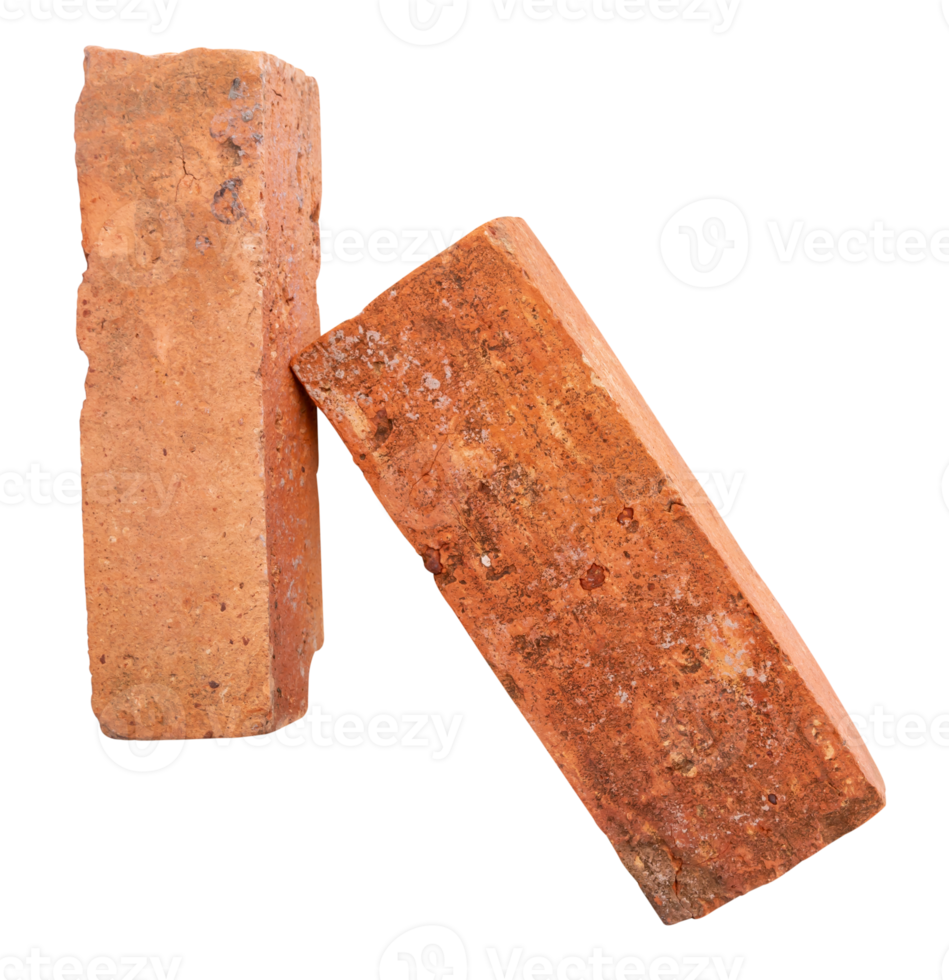 Two old red or orange bricks in vertical in heap isolated with clipping path in file format png