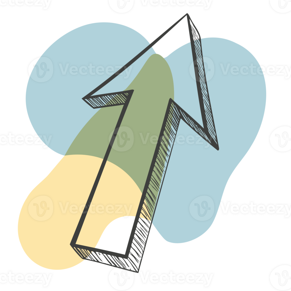 Hand drawn arrow illustration with shapes, colours, lines, transparent background, up 3d black lines png