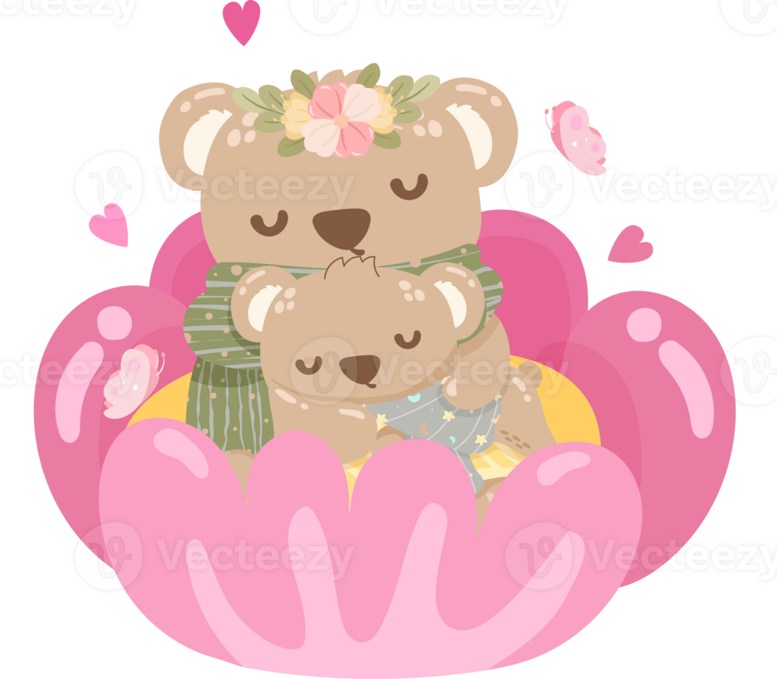Mother bear and cubs sleep on a flower surrounded by butterflies. png