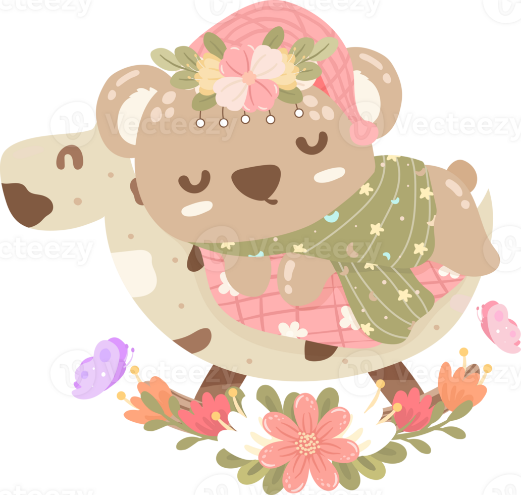 Little Bear sleeps comfortably on the rocking horse. png
