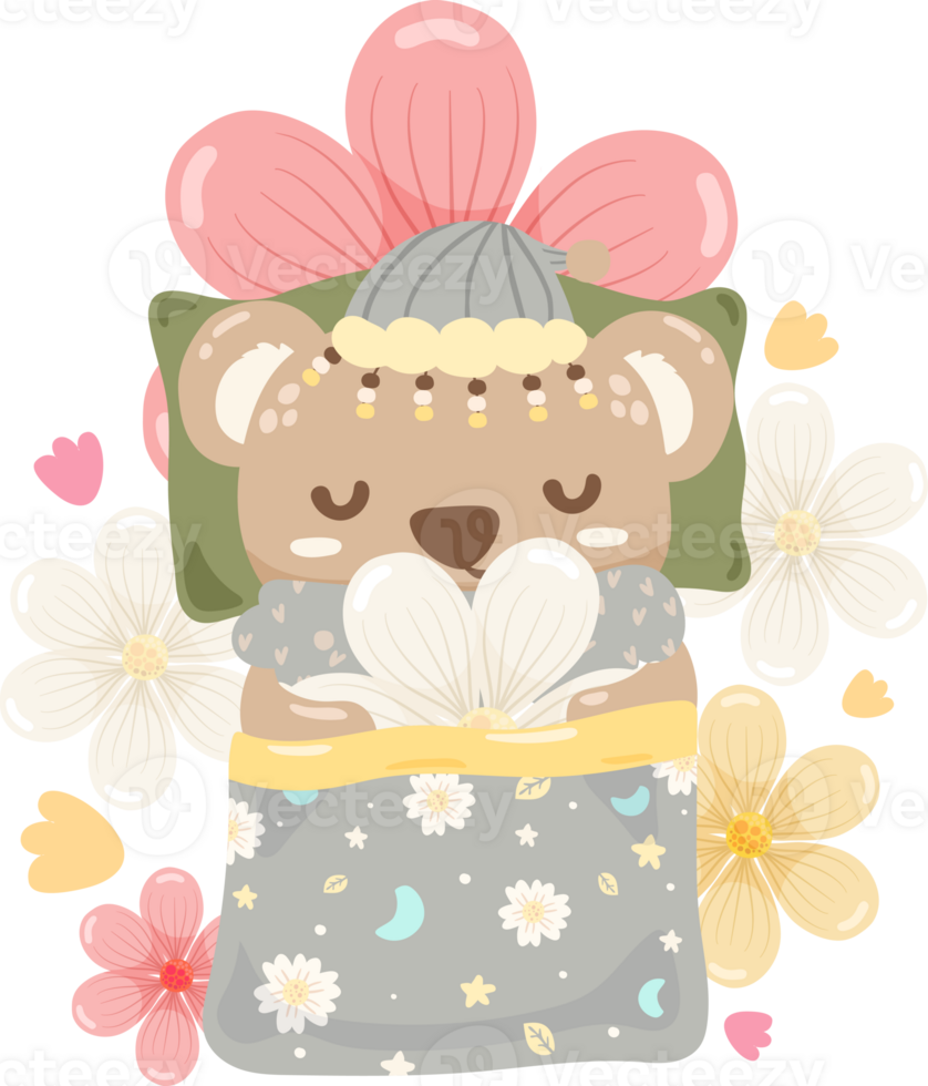 A little bear cub is sleeping in a flower garden. png