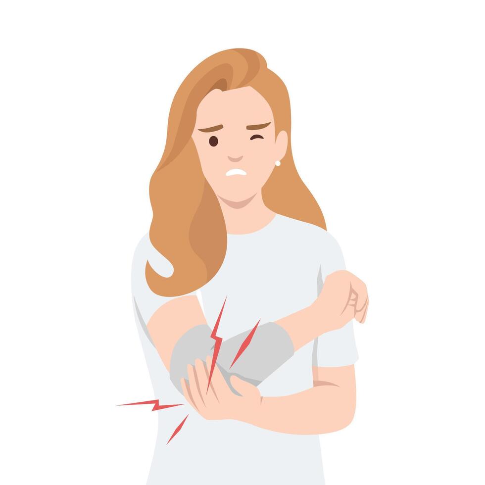 Woman holding her arm in visible pain, with red lines indicating an injury. vector