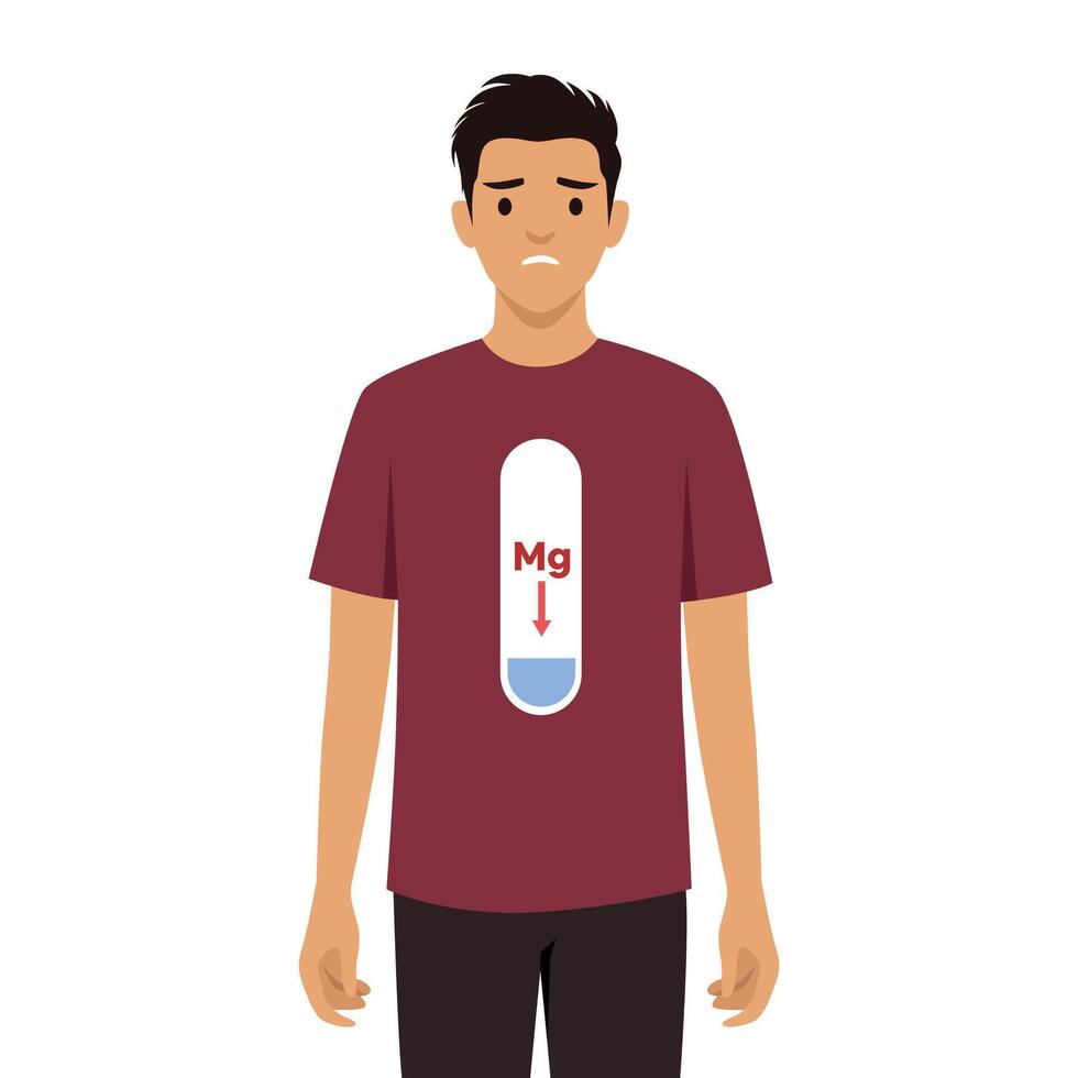 Concerned man wearing tshirt symbolizing low magnesium levels or Mg displayed on it. vector