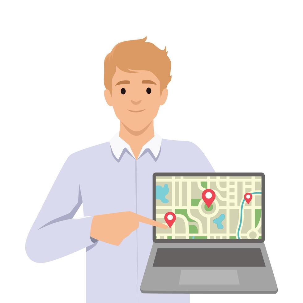 Man pointing to a laptop screen displaying a map with multiple location pins. vector