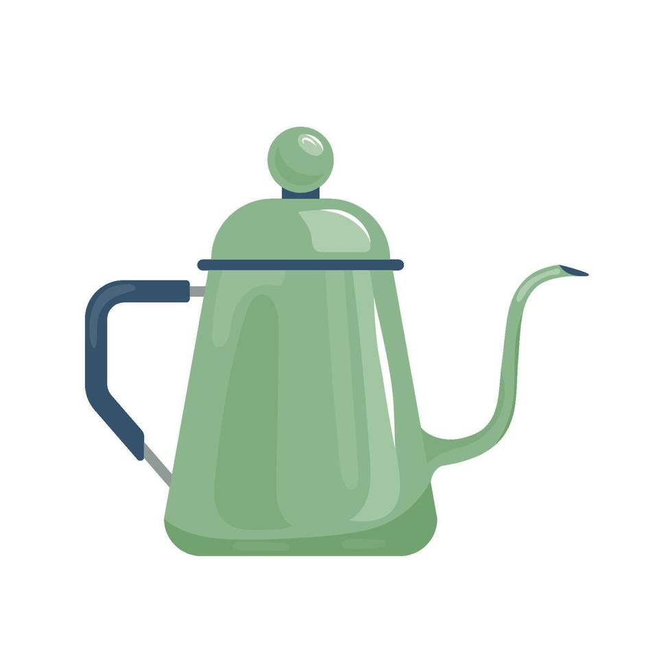 Drip kettle with Long Narrow Spout. Gooseneck kettle with boiled water. Teapot for coffee. Flat illustration of cafe steel drip kettle isolated on white background vector