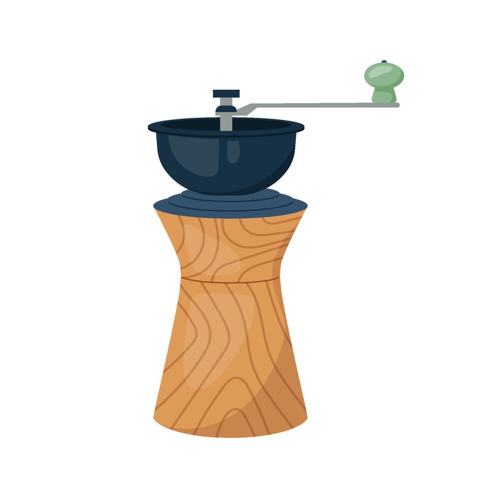 Realistic stylish manual coffee grinder. Old mill for grinding coffee beans. Equipment for aroma coffee making. Device for making coffee drinks. Flat illustrations isolated on white background vector