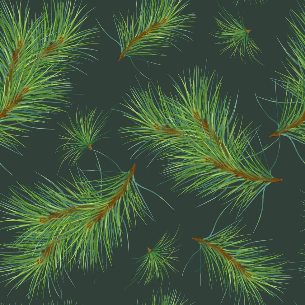 Christmas tree branches on seamless watercolor pattern isolated on dark. Pine botanical repeat background. Spruce tree branches for wrapping paper, fabric, wallpapers, and seasonal package vector