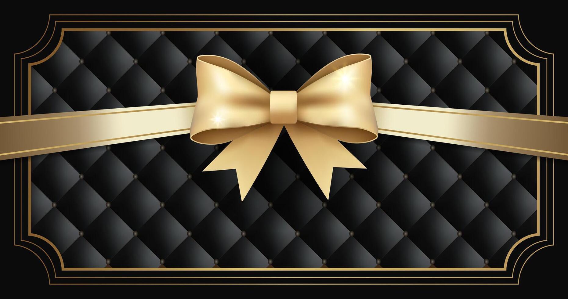 Background with gold bow. Black template for card, coupon, certificate. Empty gift voucher with place for text. vector