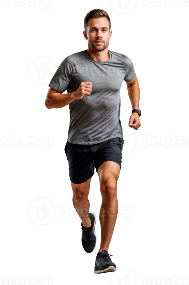 Full body portrait of a runner wearing gray t-shirt and black shorts isolated on transparent background png