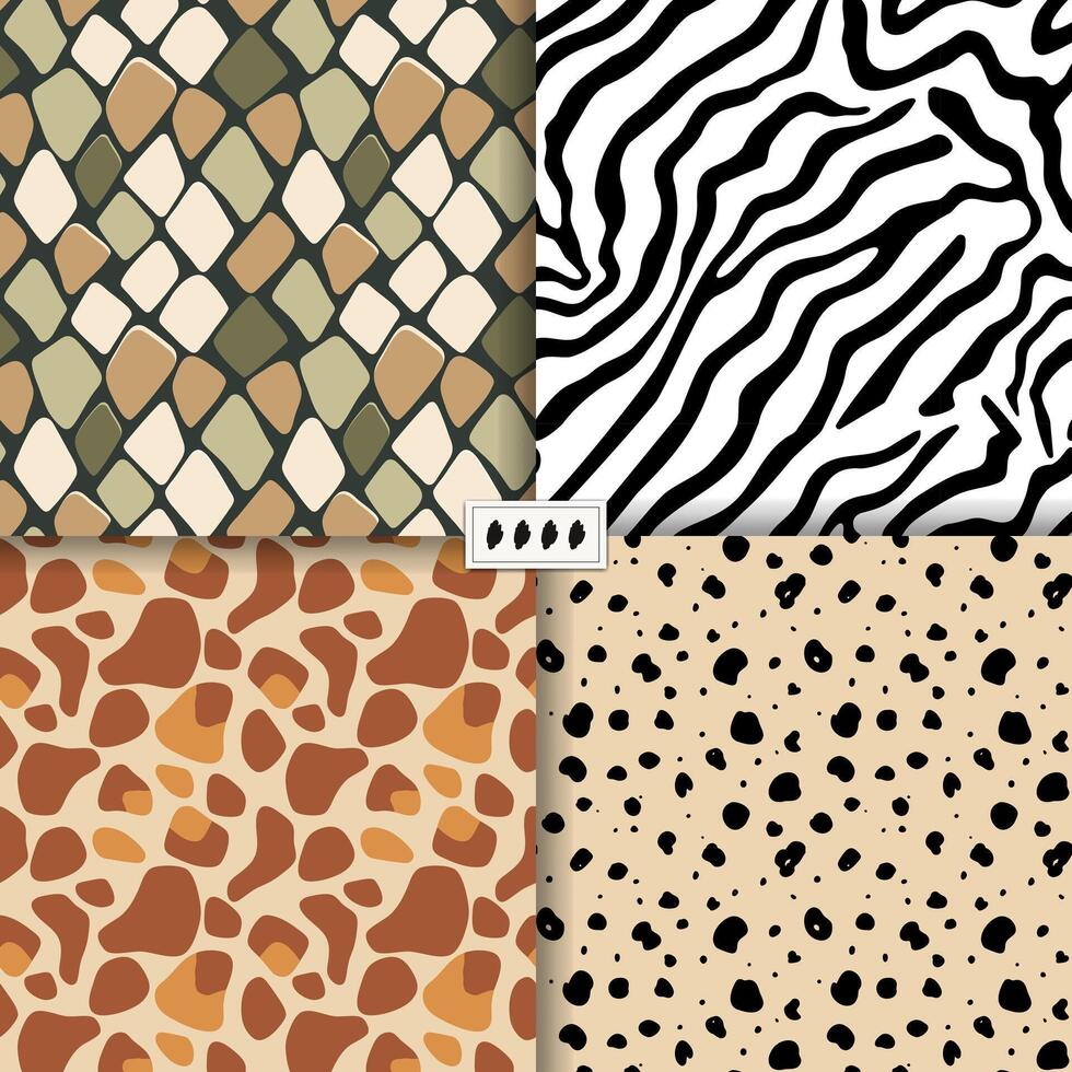 Wild animals skin seamless patterns. Giraffe, snake, cheetah, zebra stripes. Hand drawn exotic animal skin background vector