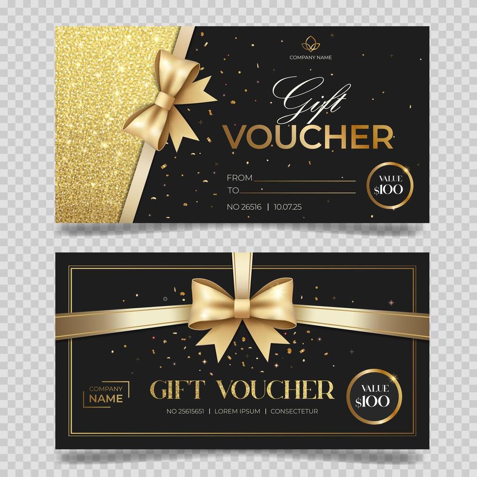 Luxury gift vouchers with golden glitter. Elegant template for gift card, coupon. Stylish gift voucher. Promo or flyer offer vector