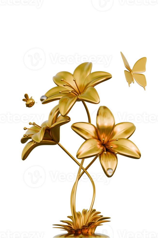 Gold Lily Flower 3D Design Element png
