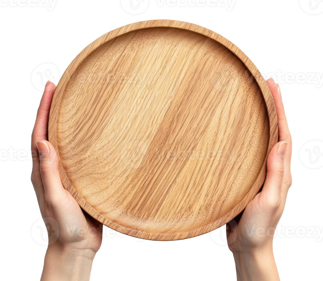 Hands with wooden plate top view png
