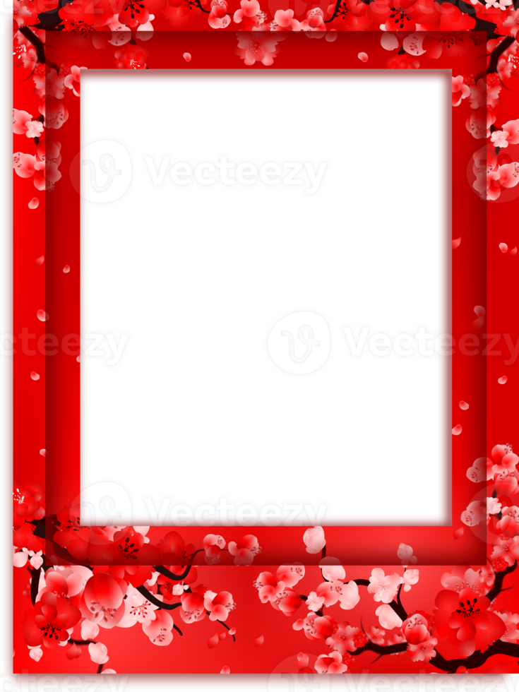 Red frame picture with plum flowers decoration, cherry blossom border illustration clipart. png