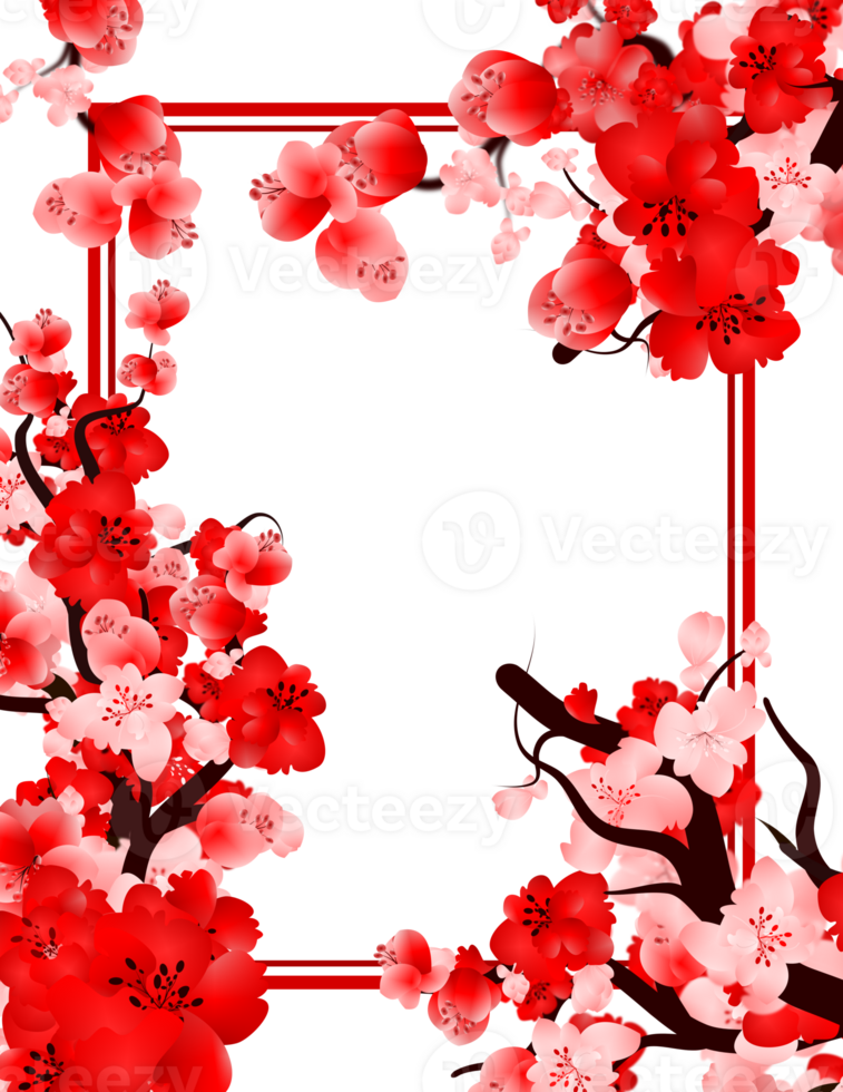 Cover frame background transparent with red cherry blossom illustration. Border line template. png