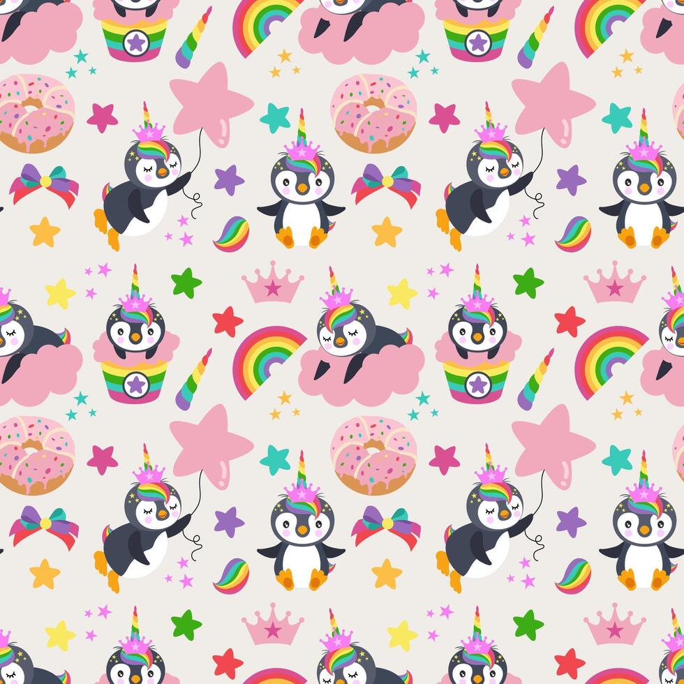 Seamless pattern background with funny unicorn penguin party vector