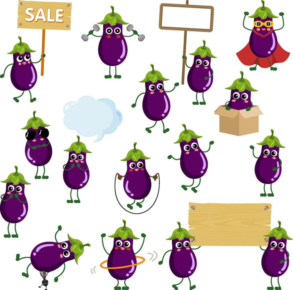 Set of digital elements with cute purple eggplant mascot vector