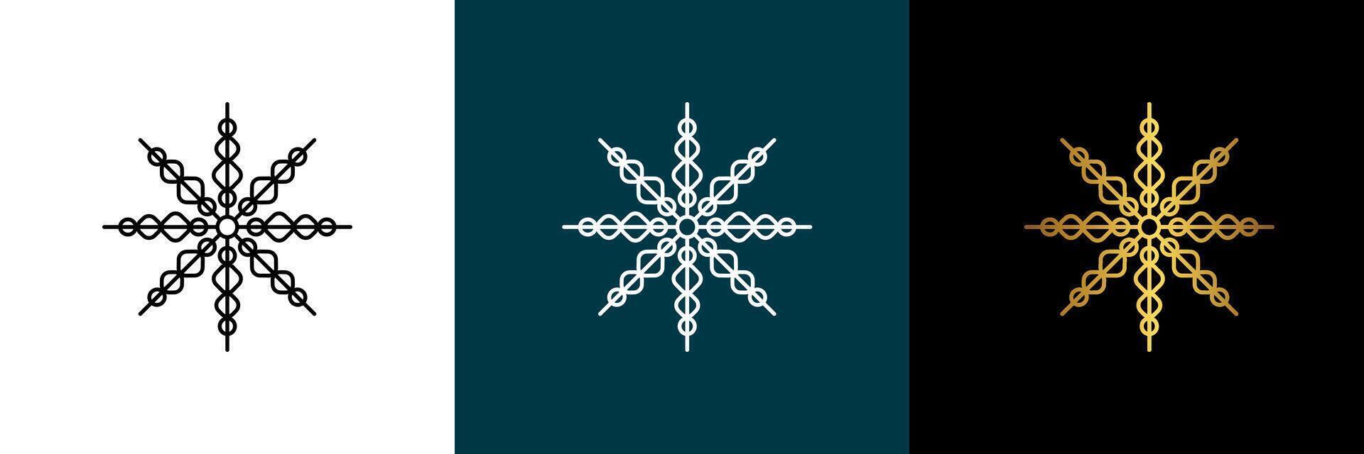 Snowflake circular pattern. Color black, white, gold. Isolated design element for themes abstract geometrical modern decoration round logo template. vector