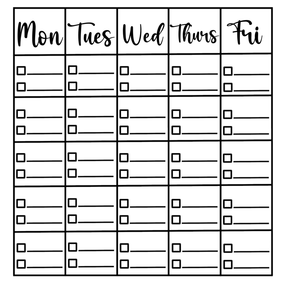 Weekly planner template, Black and white printable weekly template png