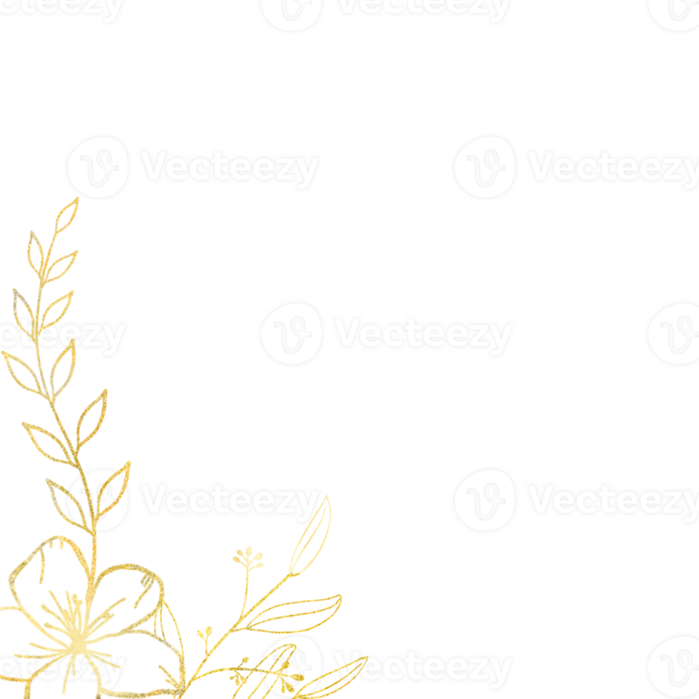 Glittery golden flower and branches with leaves, Corner frame png