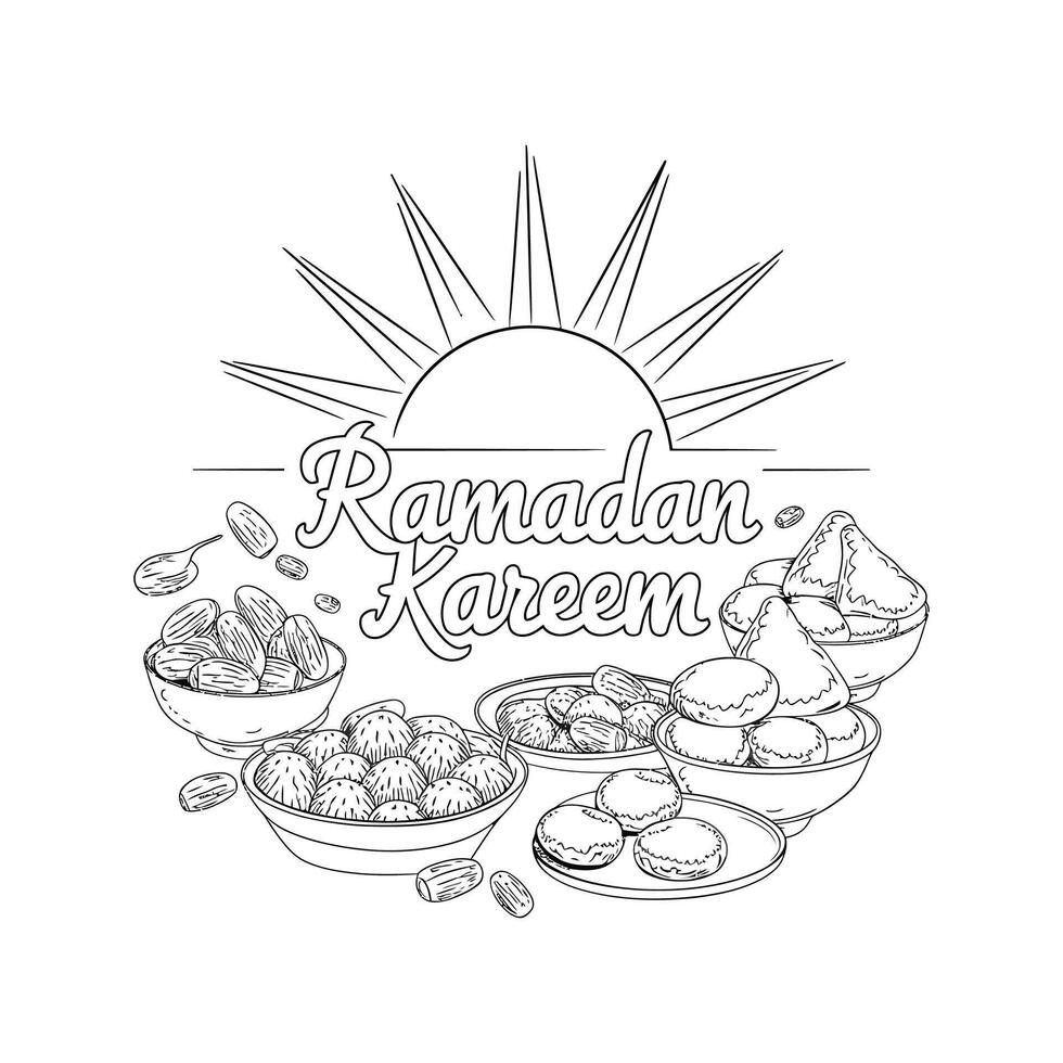 Hand drawn Ramadan Iftar with illustration of Blue Fanous Lantern and Sweet Dates for Islamic Holy Month, Ramadan Kareem, Iftar Party celebration for coloring page vector