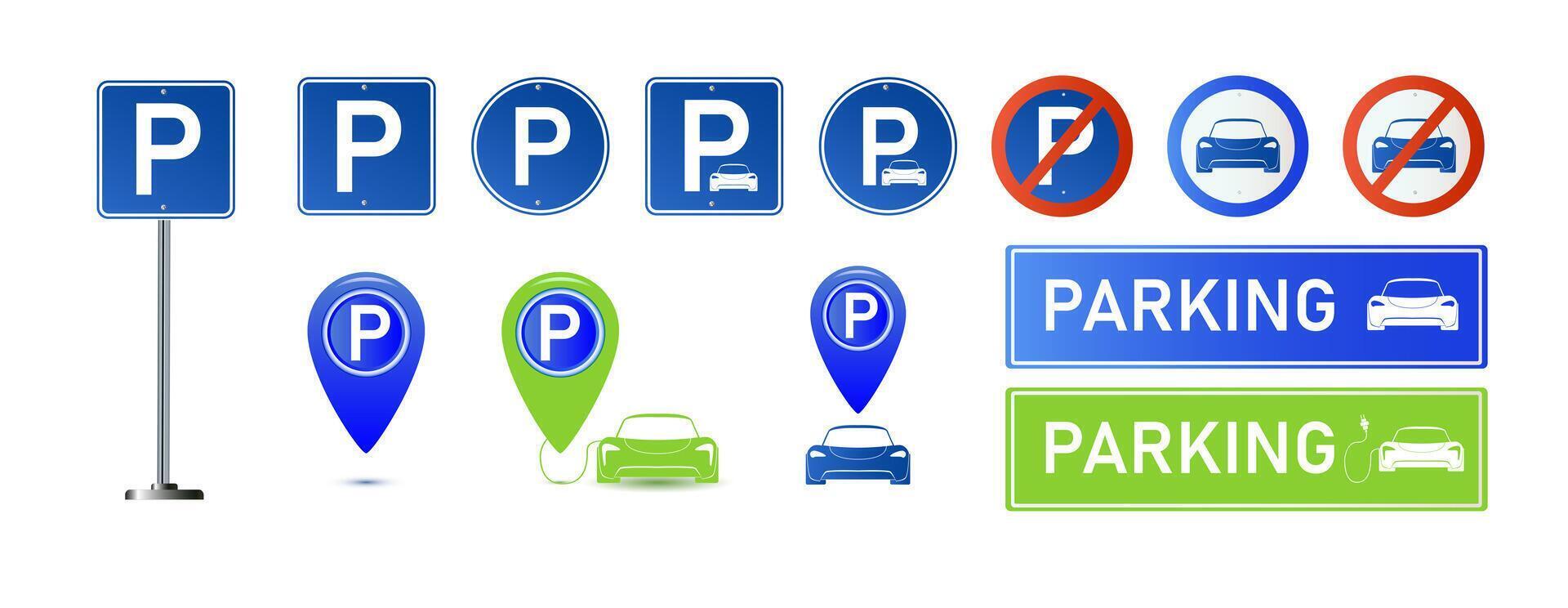 Car parking eco electric icon set. Parking and traffic signs isolated on white background. Map parking pointer. vector