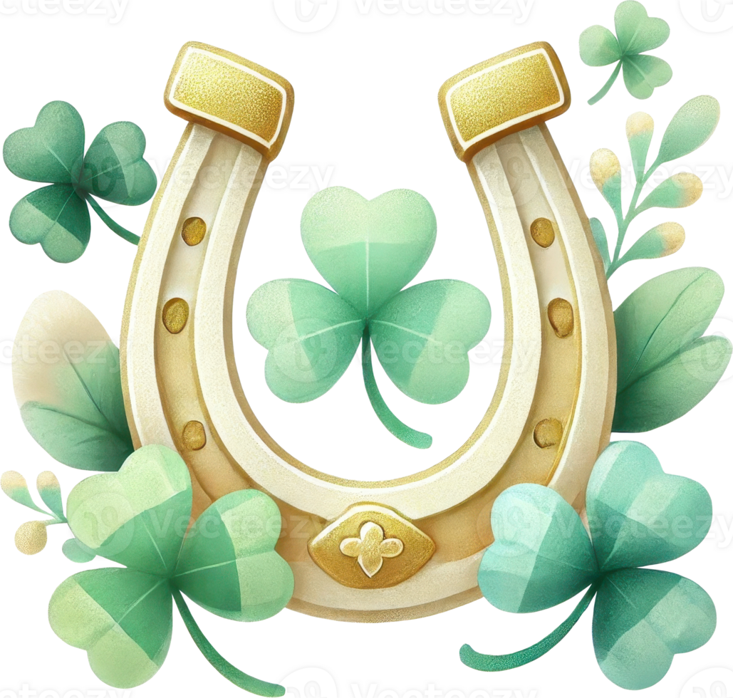 Golden Horseshoe and Four Leaf Clovers in a Festive Irish Holiday Design png